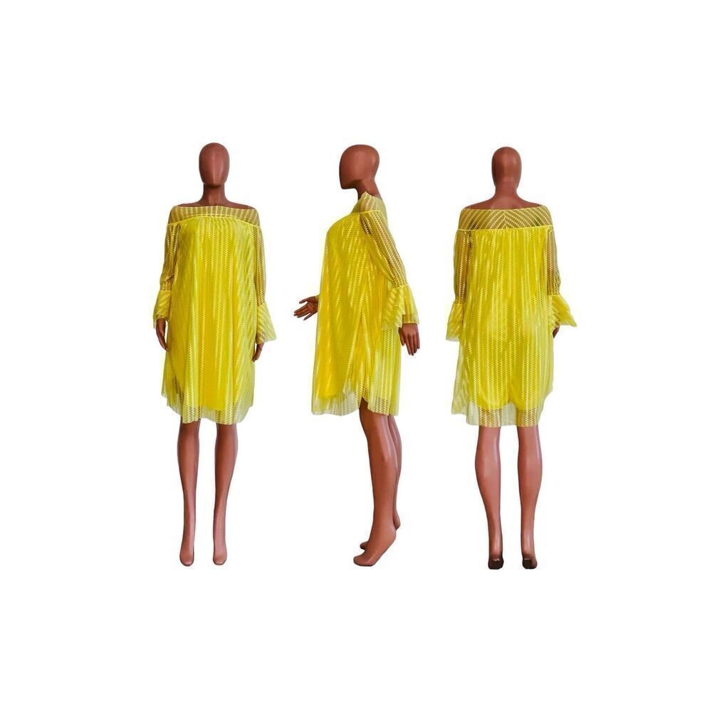 Lace overlay Sheer ZigZag Off Shoulder Pullover Minidress, L. Marigold! Volup! - Picture 8 of 16